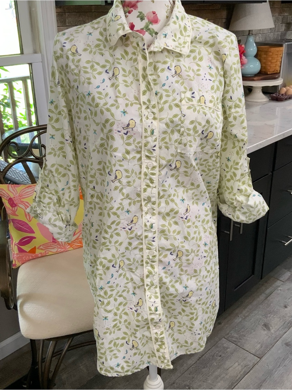 The Company Store Bird Print Front Nightshirt Sz Large 100% Cotton Cottagecore